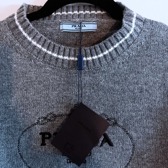PRADA Gray Grey Knit Long Sleeve Pull Over Sweater With White Stripes Size M NEW - Picture 4 of 5
